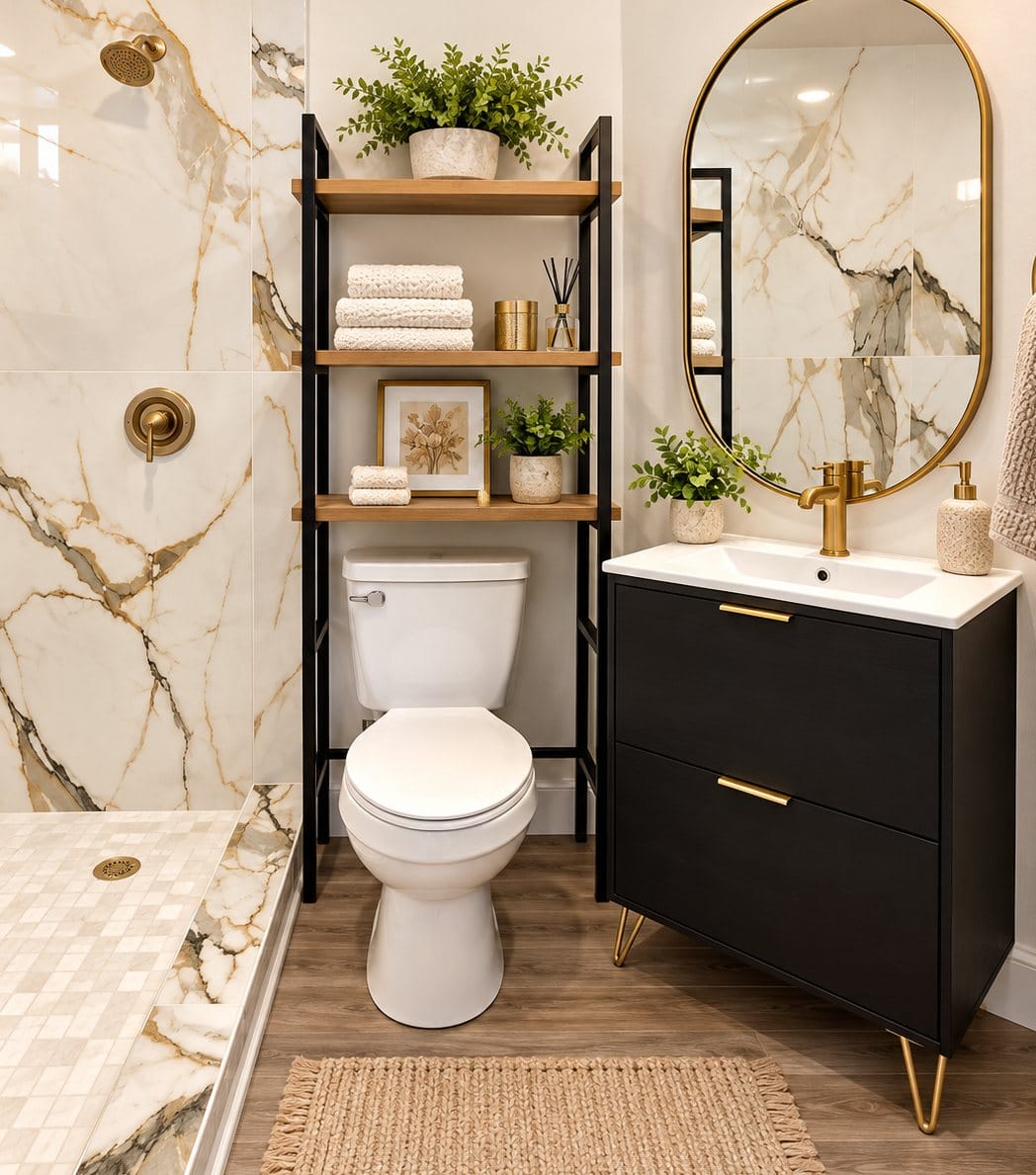Suite bathroom with marble walls and a black vanity