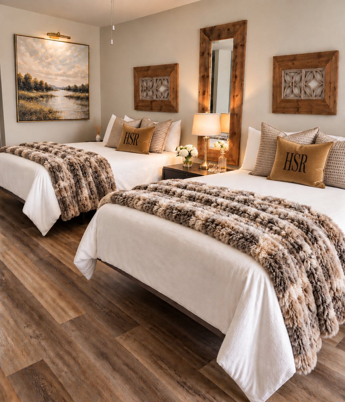 Queen room with two beds and plaid throws