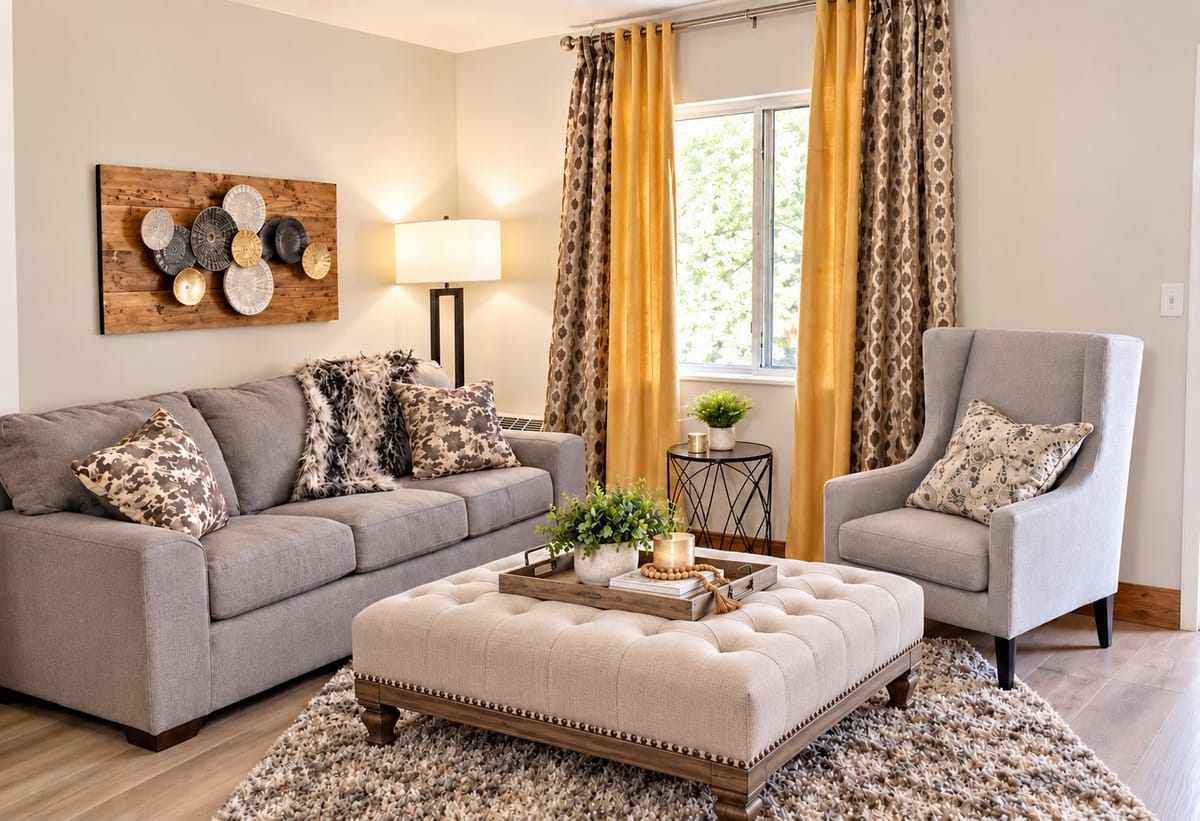 Suite living room with gold curtains and a gray armchair