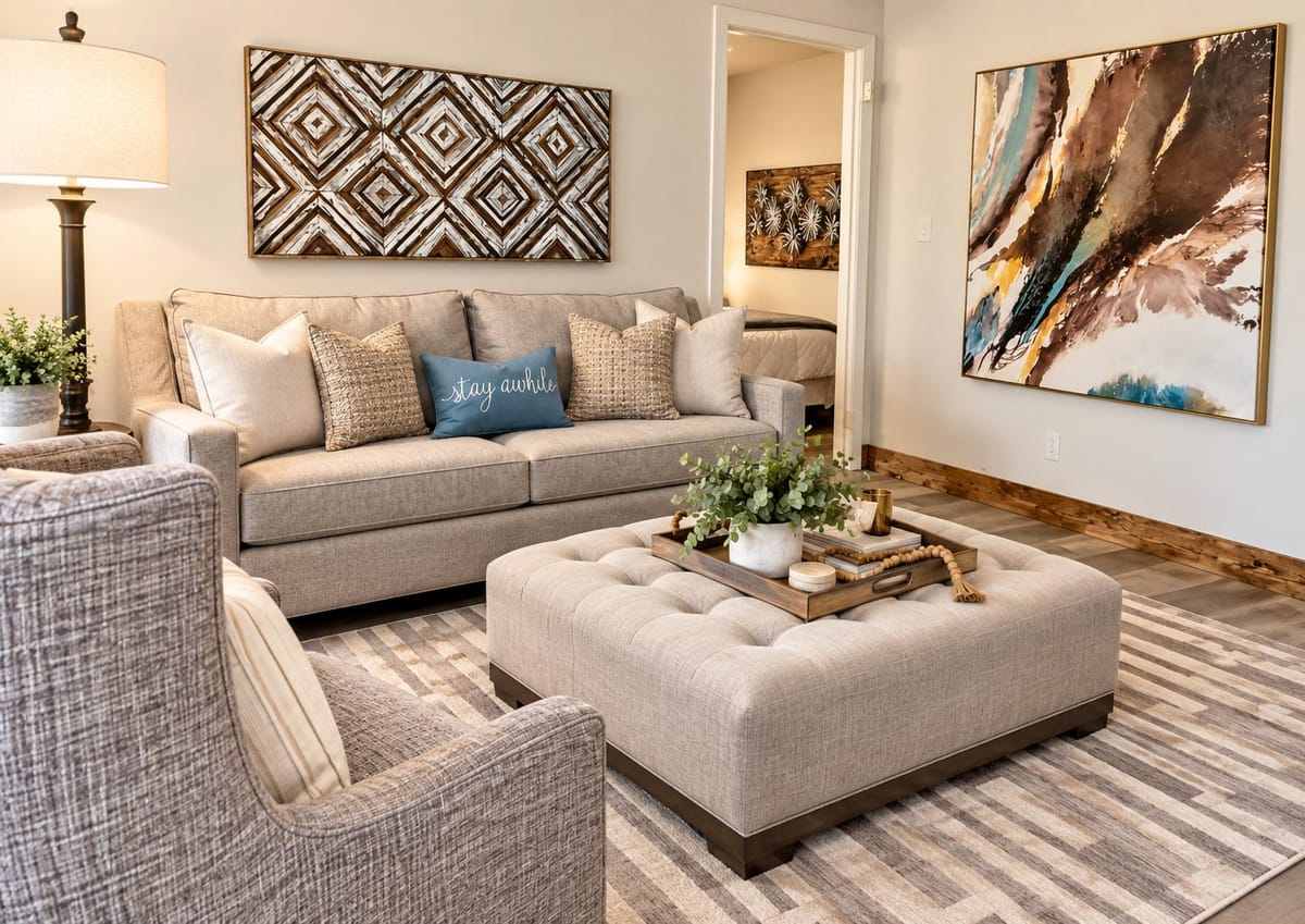 Suite living room with sofa, ottoman and abstract art