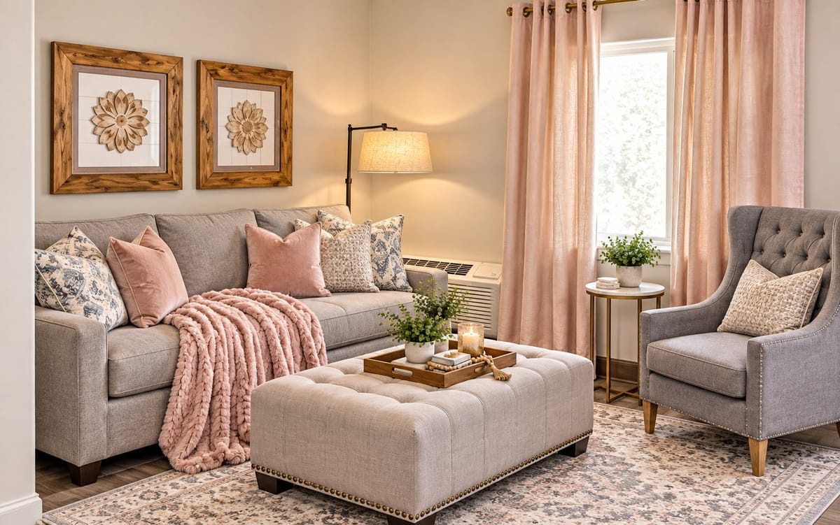 Suite living room with blush accents and a tufted ottoman