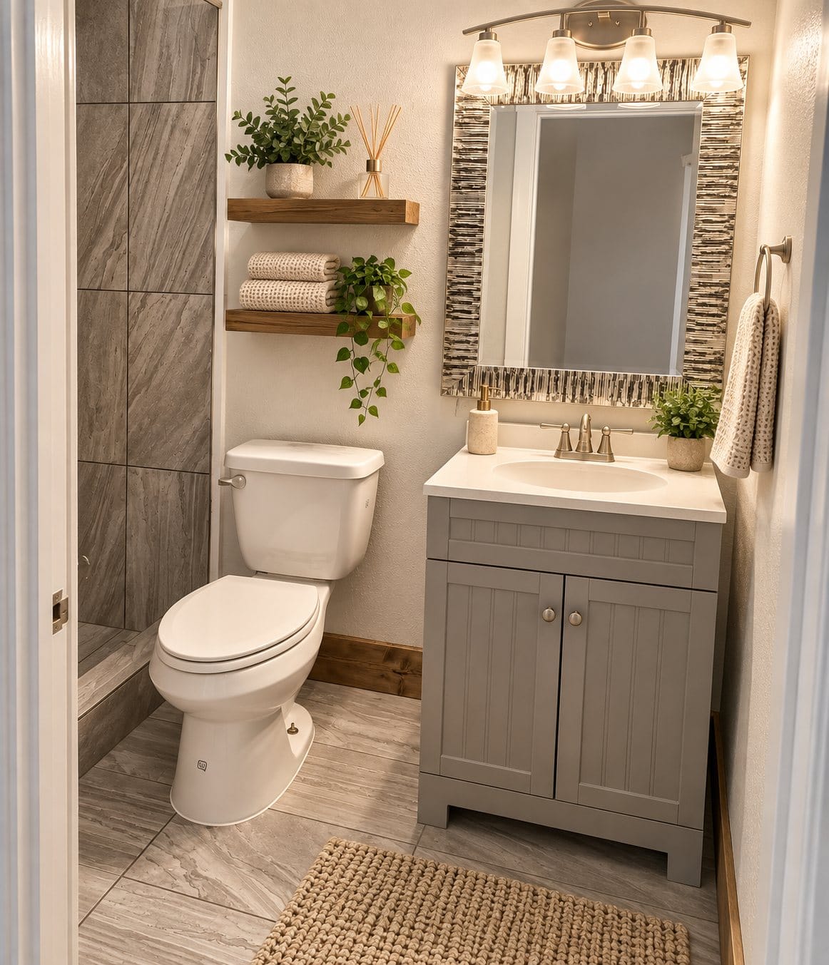 Suite bathroom with a tiled shower and gray vanity
